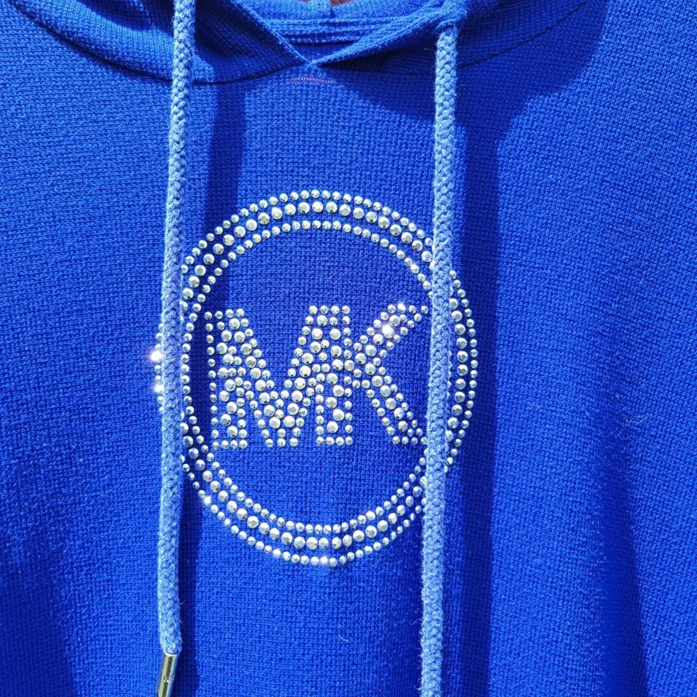 Michael Kors Royal Blue Waffle Knit Rhinestone MK Logo Hoodie Sweatshirt L